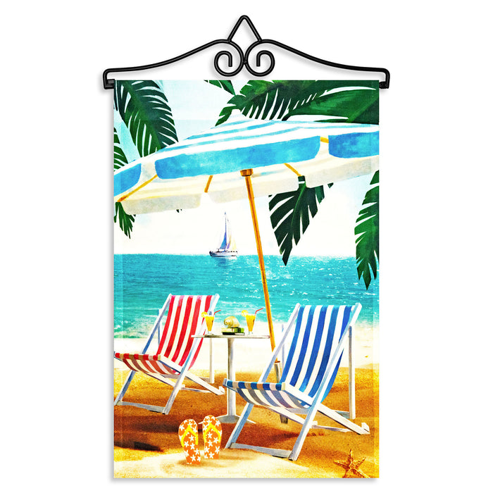 G128 Combo Pack Garden Flag Hanger 14IN & Garden Flag Beach Summer with Chairs Umbrella 12x18IN Printed 150D Polyester