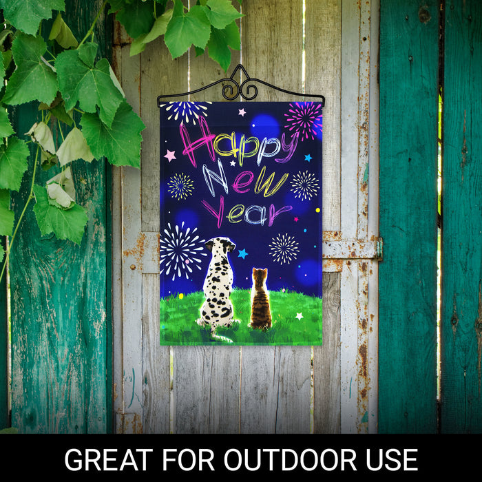G128 Combo Pack Garden Flag Hanger 14IN & Garden Flag Happy New Year Dog and Cat 12x18IN Printed 150D Polyester