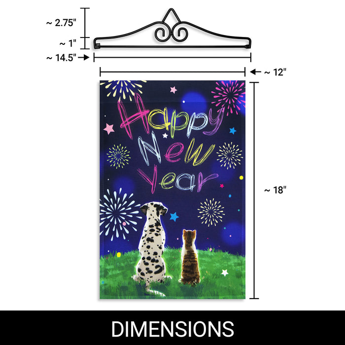 G128 Combo Pack Garden Flag Hanger 14IN & Garden Flag Happy New Year Dog and Cat 12x18IN Printed 150D Polyester