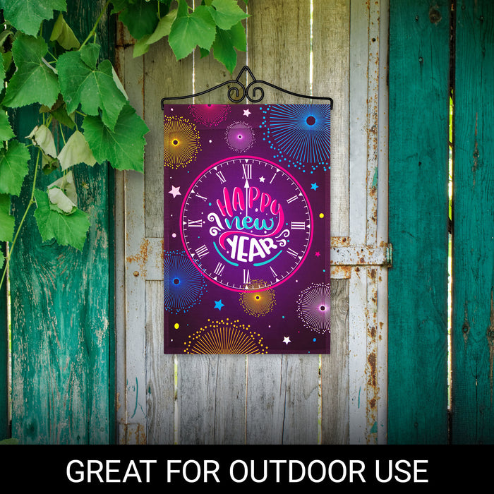 G128 Combo Pack Garden Flag Hanger 14IN & Garden Flag Happy New Year Midnight Clock 12x18IN Printed 150D Polyester
