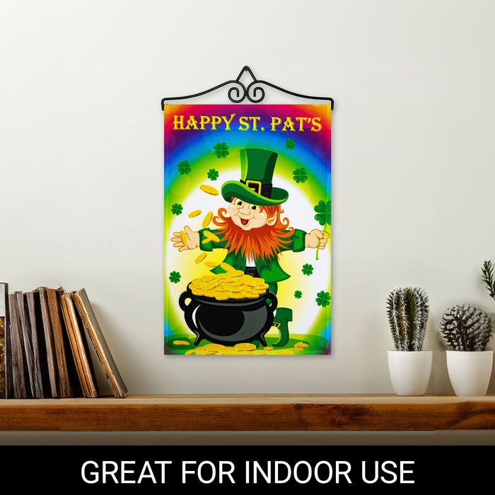 G128 Combo Pack Garden Flag Hanger 14IN & Garden Flag Happy St. Patrick's Day Leprechaun with Pot of Gold 12x18IN Printed 150D Polyester