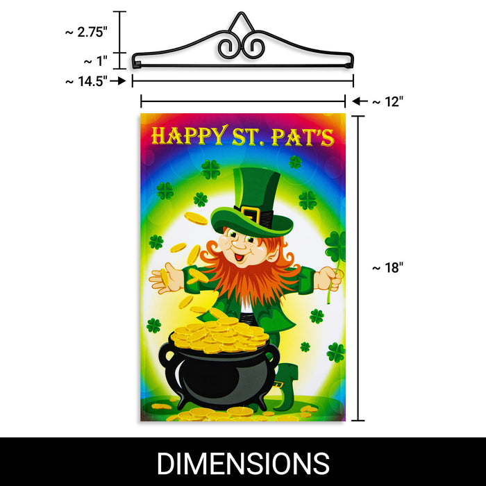 G128 Combo Pack Garden Flag Hanger 14IN & Garden Flag Happy St. Patrick's Day Leprechaun with Pot of Gold 12x18IN Printed 150D Polyester