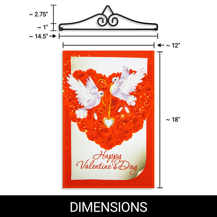 G128 Combo Pack Garden Flag Hanger 14IN & Garden Flag Happy Valentine's Day Doves 12x18IN Printed 150D Polyester