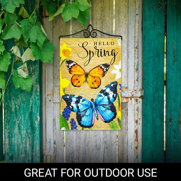 G128 Combo Pack Garden Flag Hanger 14IN & Garden Flag Hello Spring Butterflies Flowers 12x18IN Printed 150D Polyester