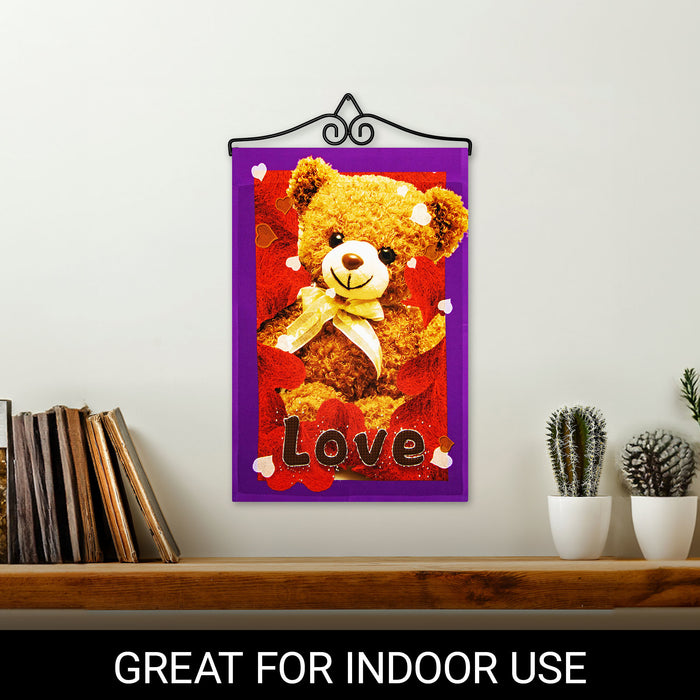 G128 Combo Pack Garden Flag Hanger 14IN & Garden Flag Love Toy Bear 12x18IN Printed 150D Polyester