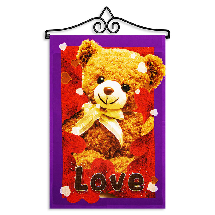 G128 Combo Pack Garden Flag Hanger 14IN & Garden Flag Love Toy Bear 12x18IN Printed 150D Polyester
