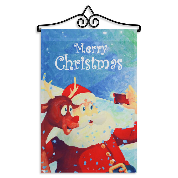 G128 Combo Pack Garden Flag Hanger 14IN & Garden Flag Merry Christmas Santa with Reindeer Selfie 12x18IN Printed 150D Polyester