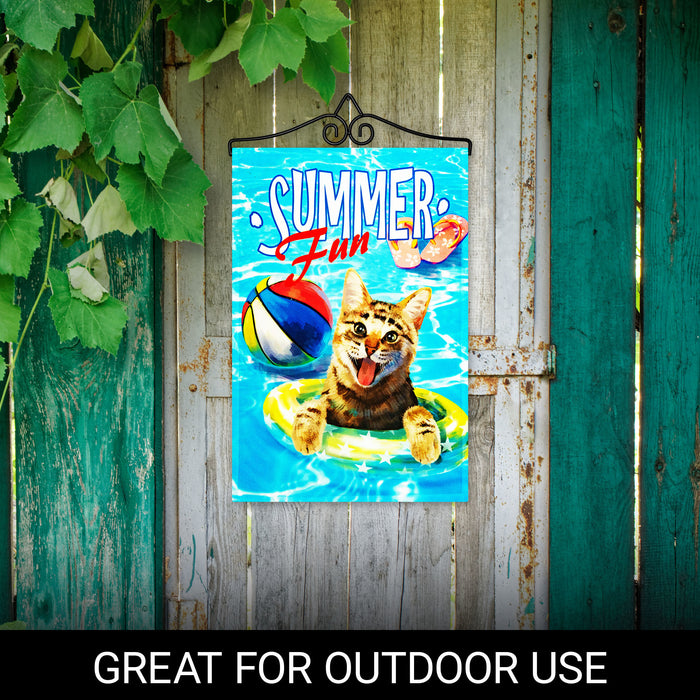 G128 Combo Pack Garden Flag Hanger 14IN & Garden Flag Summer Fun with Cat in Pool 12x18IN Printed 150D Polyester