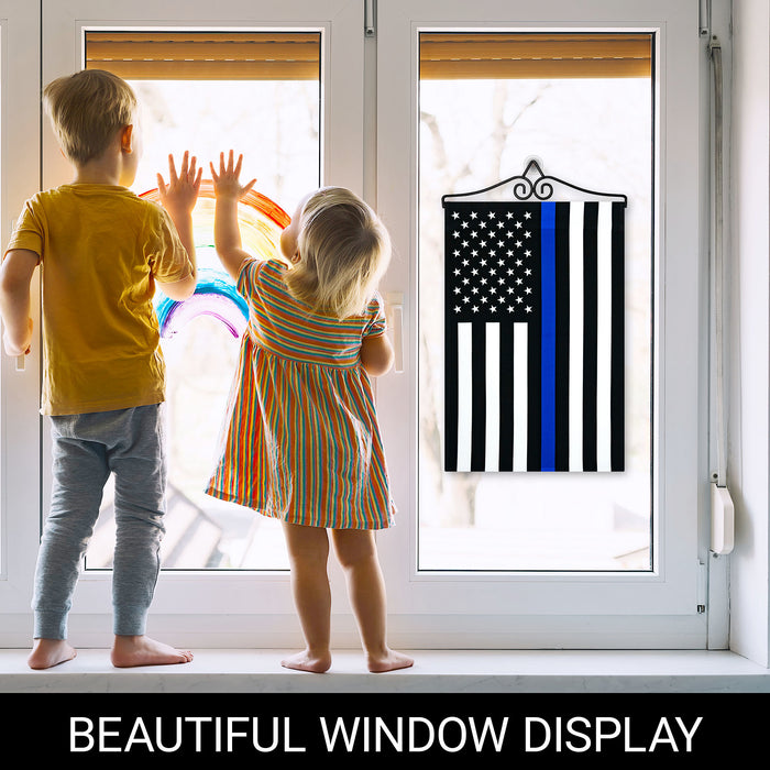 G128 Combo Pack Garden Flag Hanger 14IN & Garden Flag Thin Blue Line 12x18IN Printed 150D Polyester