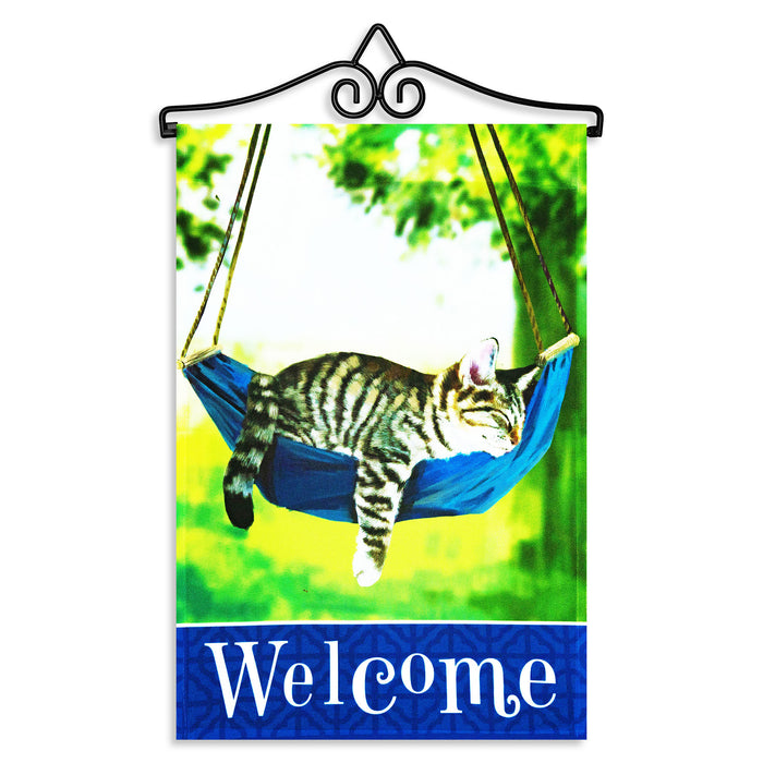 G128 Combo Pack Garden Flag Hanger 14IN & Garden Flag Welcome Sleeping Kitten 12x18IN Printed 150D Polyester