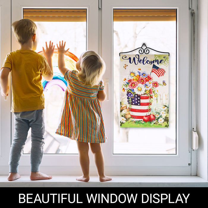 G128 Combo Pack Garden Flag Hanger 14IN & Garden Flag Garden Spring Bloom USA Flower Pot with Butterflies 12x18IN Printed 150D Polyester