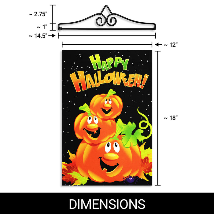 G128 Combo Pack Garden Flag Hanger 14IN & Garden Flag Happy Halloween 3 Pumpkins 12x18IN Printed 150D Polyester