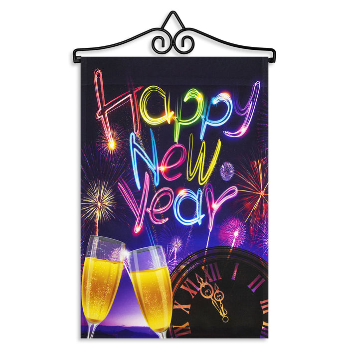 G128 Combo Pack Garden Flag Hanger 14IN & Garden Flag Happy New Year Fireworks and Champagne 12x18IN Printed 150D Polyester