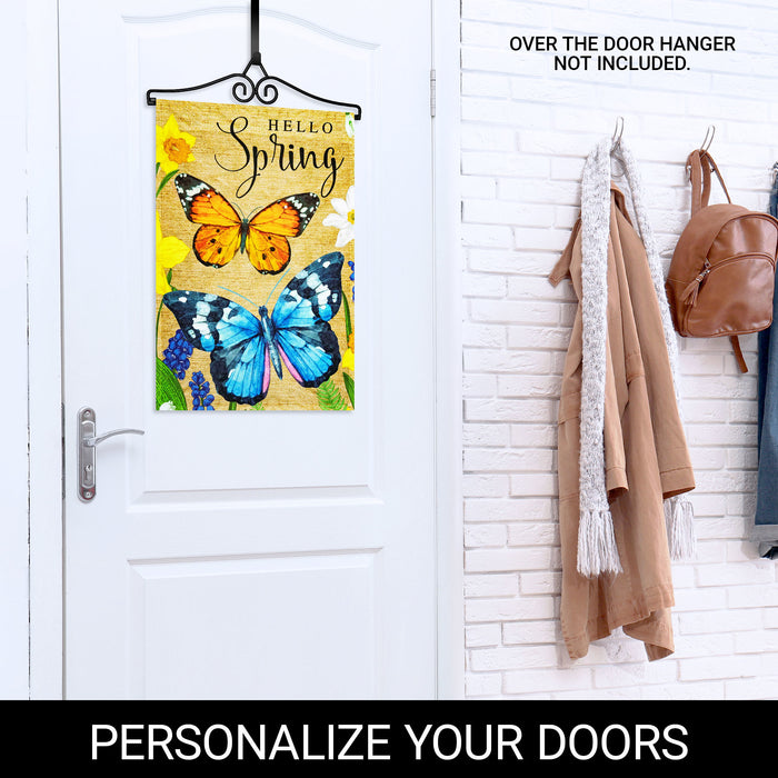 G128 Combo Pack Garden Flag Hanger 14IN & Garden Flag Hello Spring Butterflies Flowers 12x18IN Printed 150D Polyester