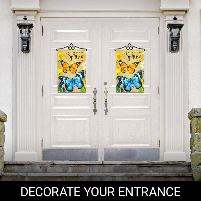 G128 Combo Pack Garden Flag Hanger 14IN & Garden Flag Hello Spring Butterflies Flowers 12x18IN Printed 150D Polyester