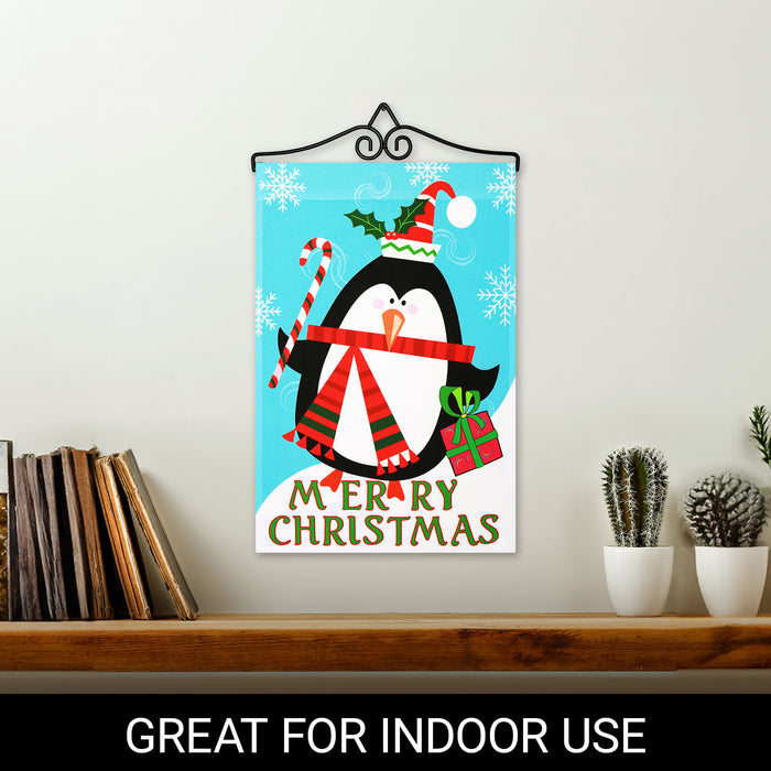 G128 Combo Pack Garden Flag Hanger 14IN & Garden Flag Merry Christmas Penguin with Candy Cane 12x18IN Printed 150D Polyester