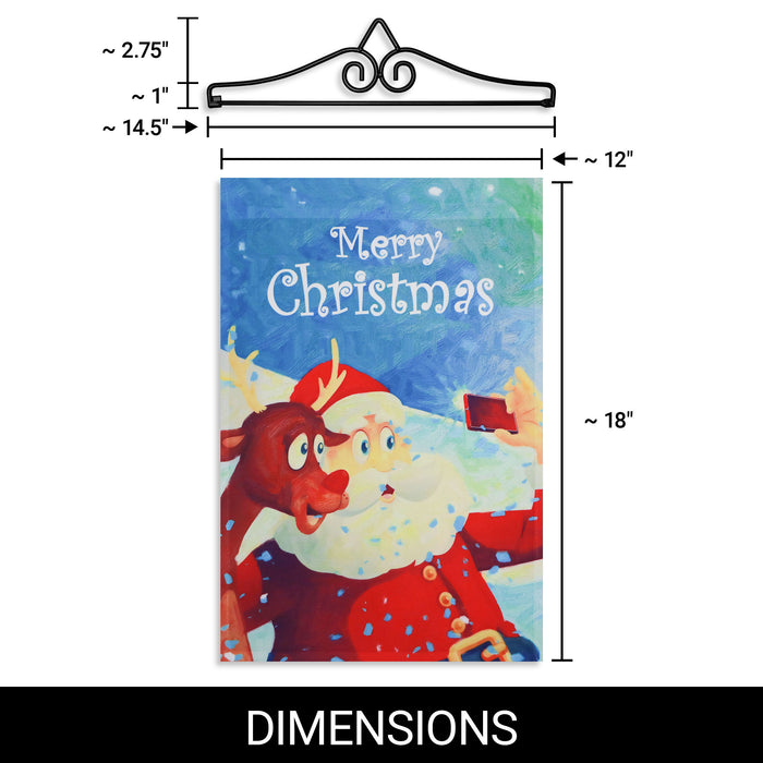 G128 Combo Pack Garden Flag Hanger 14IN & Garden Flag Merry Christmas Santa with Reindeer Selfie 12x18IN Printed 150D Polyester