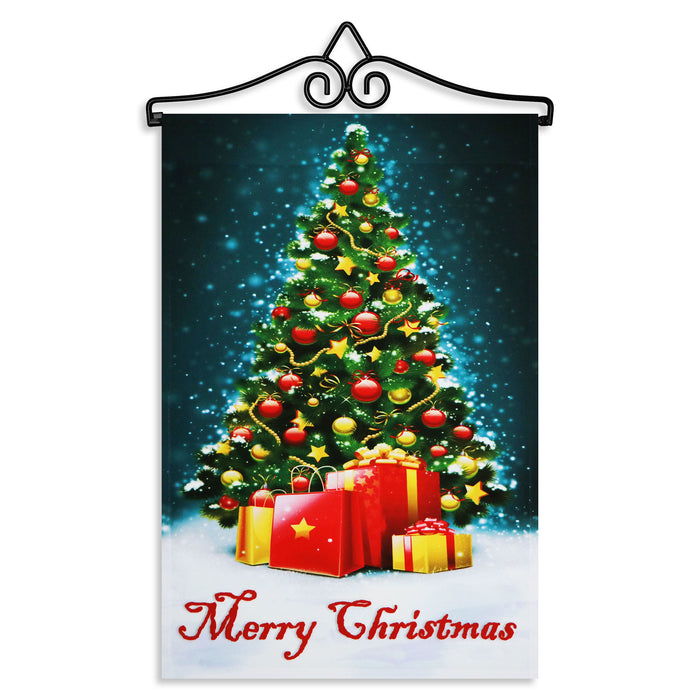 G128 Combo Pack Garden Flag Hanger 14IN & Garden Flag Merry Christmas Tree with Gifts 12x18IN Printed 150D Polyester
