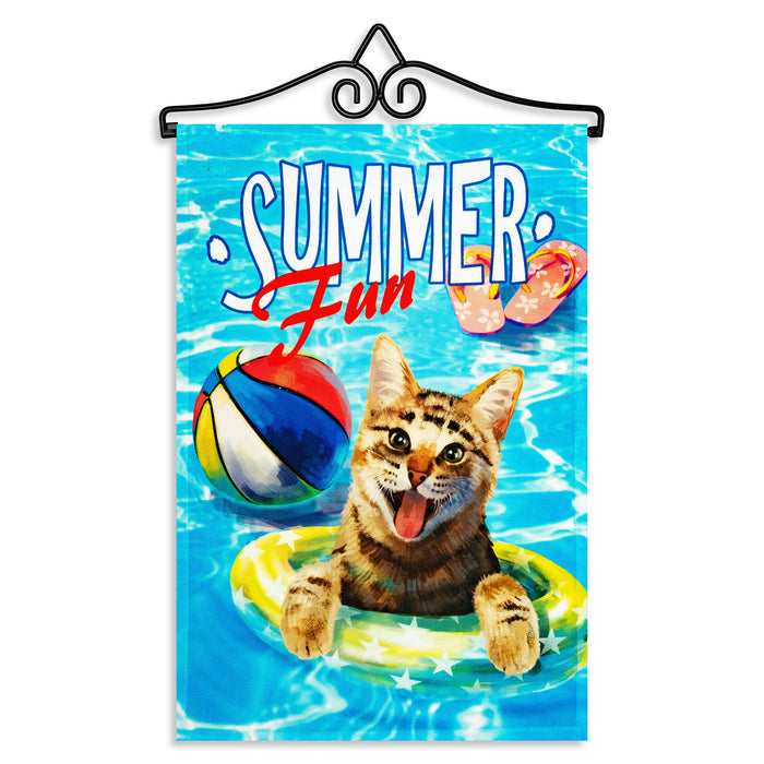 G128 Combo Pack Garden Flag Hanger 14IN & Garden Flag Summer Fun with Cat in Pool 12x18IN Printed 150D Polyester