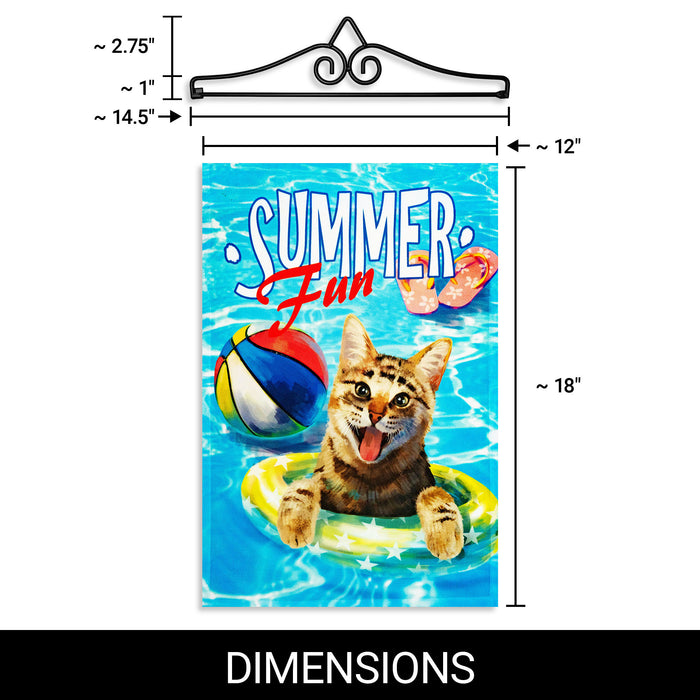G128 Combo Pack Garden Flag Hanger 14IN & Garden Flag Summer Fun with Cat in Pool 12x18IN Printed 150D Polyester
