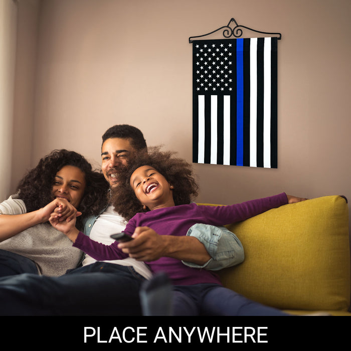 G128 Combo Pack Garden Flag Hanger 14IN & Garden Flag Thin Blue Line 12x18IN Printed 150D Polyester