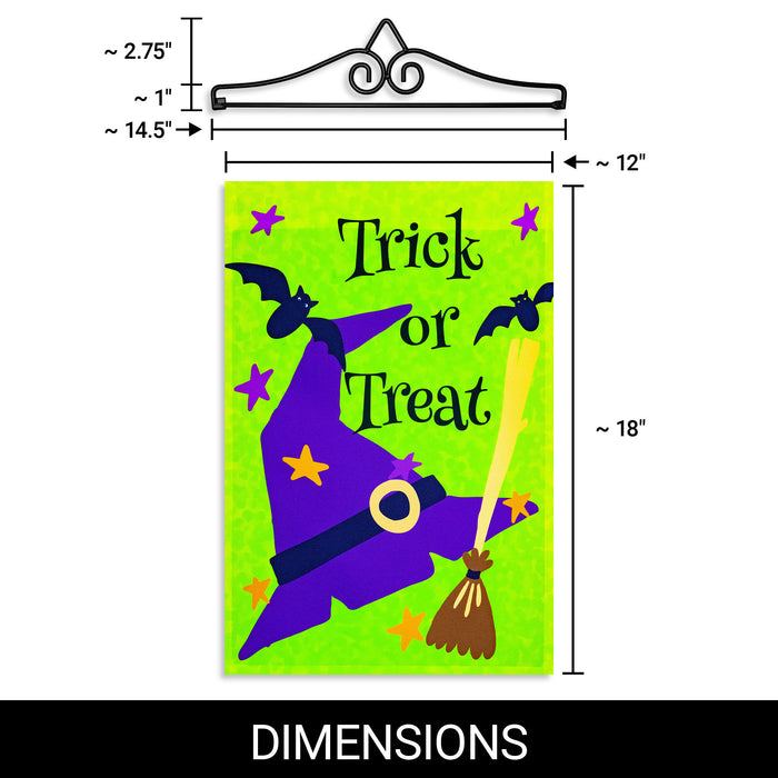 G128 Combo Pack Garden Flag Hanger 14IN & Garden Flag Trick or Treat Purple Witch Hat Green BG 12x18IN Printed 150D Polyester