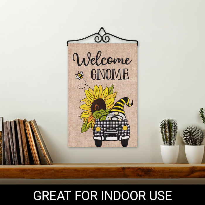 G128 Combo Pack Garden Flag Hanger 14IN & Garden Flag Welcome Gnome Sunflower Car 12x18IN Printed Double Sided Burlap Fabric