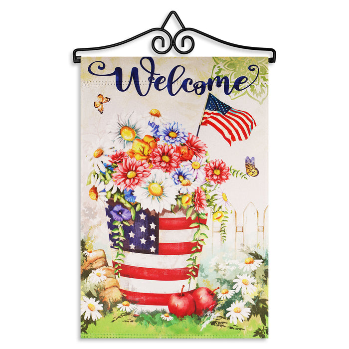 G128 Combo Pack Garden Flag Hanger 14IN & Garden Flag Garden Spring Bloom USA Flower Pot with Butterflies 12x18IN Printed 150D Polyester