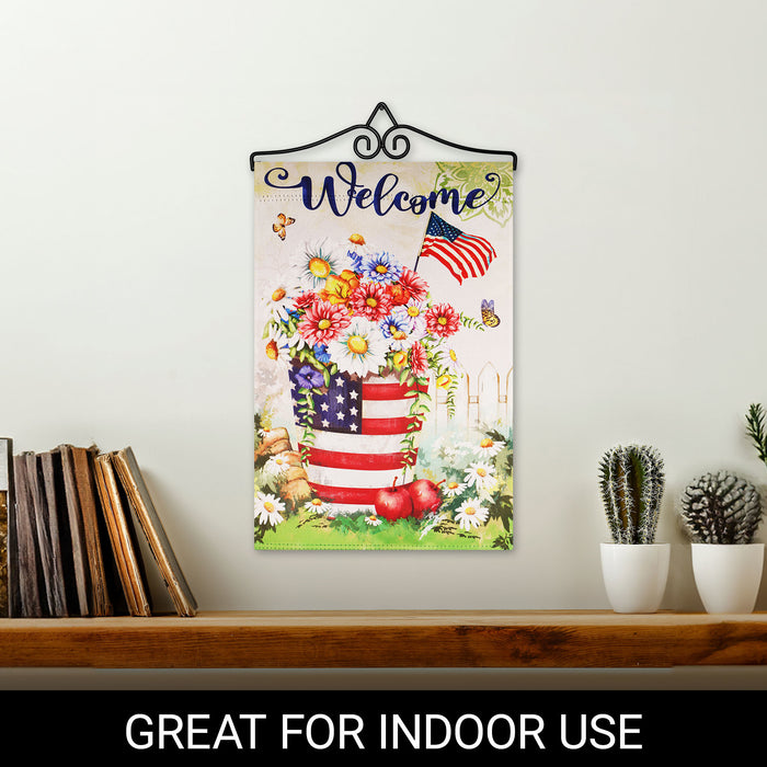 G128 Combo Pack Garden Flag Hanger 14IN & Garden Flag Garden Spring Bloom USA Flower Pot with Butterflies 12x18IN Printed 150D Polyester