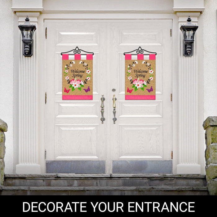 G128 Combo Pack Garden Flag Hanger 14IN & Garden Flag Welcome Spring Flower Wreath and Butterflies 12x18IN Printed Double Sided Blockout Fabric