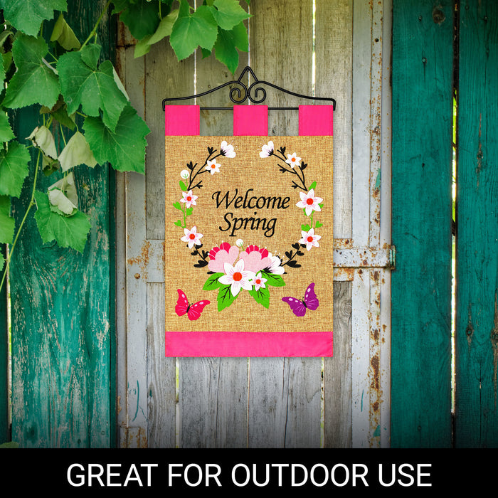 G128 Combo Pack Garden Flag Hanger 14IN & Garden Flag Welcome Spring Flower Wreath and Butterflies 12x18IN Printed Double Sided Blockout Fabric