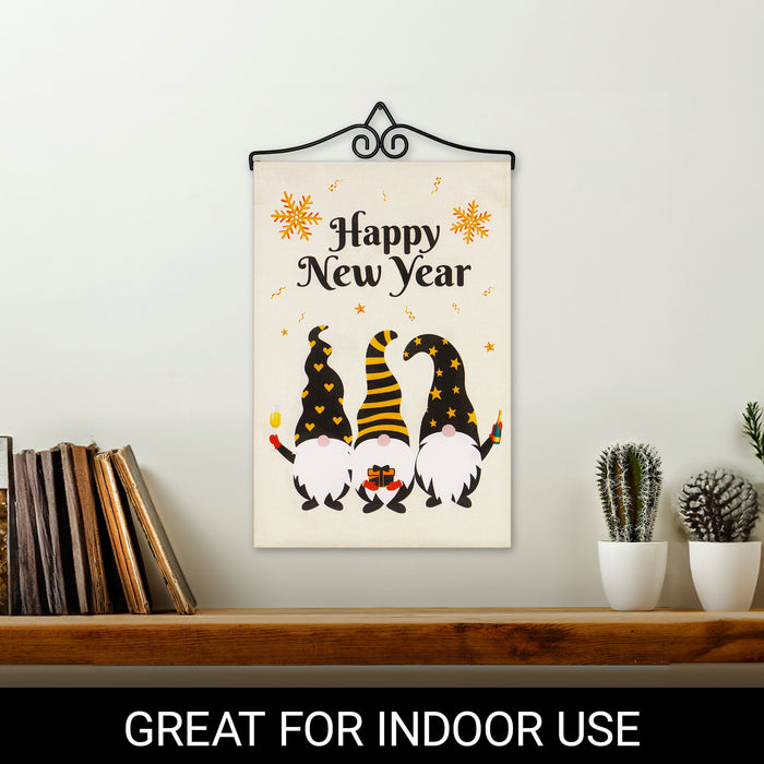 G128 Combo Pack Garden Flag Hanger 14IN & Garden Flag Happy New Year 3 Celebrating Gnomes 12x18IN Printed Double Sided Burlap Fabric