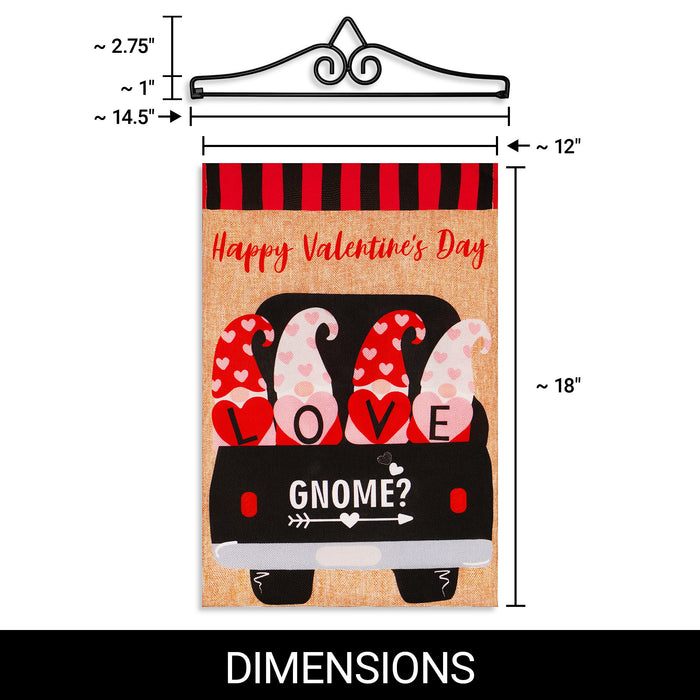 G128 Combo Pack Garden Flag Hanger 14IN & Garden Flag Happy Valentine's Day Love 4 Gnomes in Truck 12x18IN Printed Double Sided Burlap Fabric