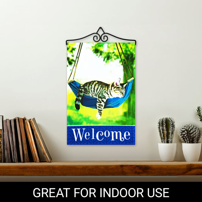 G128 Combo Pack Garden Flag Hanger 14IN & Garden Flag Welcome Sleeping Kitten 12x18IN Printed 150D Polyester