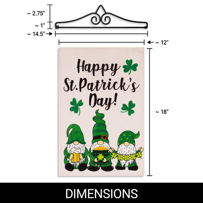 G128 Combo Pack Garden Flag Hanger 14IN & Garden Flag Happy St. Patrick's Day 3 Leprechaun Gnomes 12x18IN Printed Double Sided Burlap Fabric