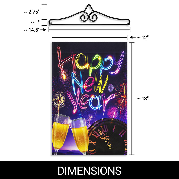 G128 Combo Pack Garden Flag Hanger 14IN & Garden Flag Happy New Year Fireworks and Champagne 12x18IN Printed 150D Polyester