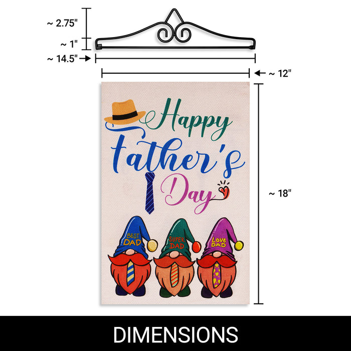 G128 Combo Pack Garden Flag Hanger 14IN & Garden Flag Happy Fathers Day 3 Gnome Fathers 12x18IN Printed Double Sided Burlap Fabric