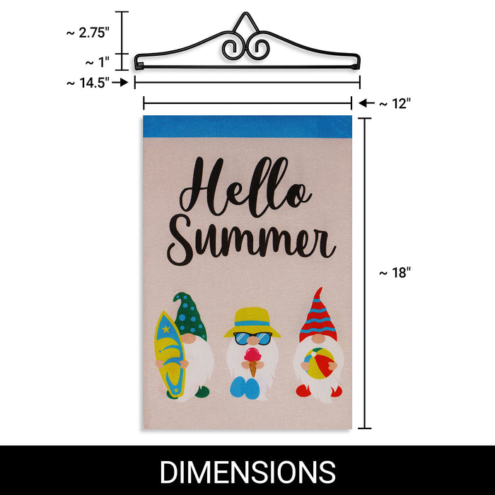 G128 Combo Pack Garden Flag Hanger 14IN & Garden Flag Hello Summer 3 Beach Ready Gnomes 12x18IN Printed Double Sided Burlap Fabric