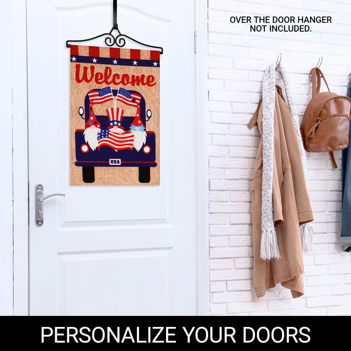 G128 Combo Pack Garden Flag Hanger 14IN & Garden Flag Welcome 3 Gnomes in Patriotic Truck 12x18IN Printed Double Sided Burlap Fabric