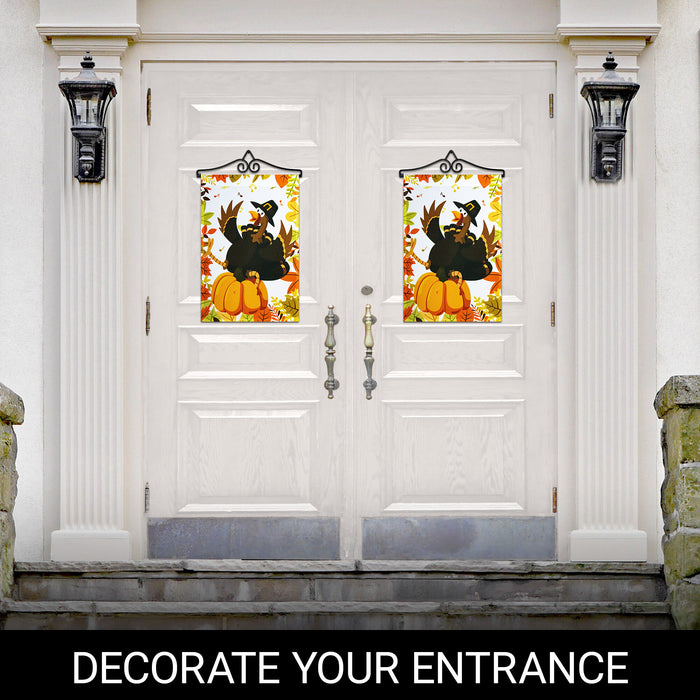 G128 Combo Pack Garden Flag Hanger 14IN & Garden Flag Pilgrim Turkey with Pumpkin 12x18IN Printed 150D Polyester