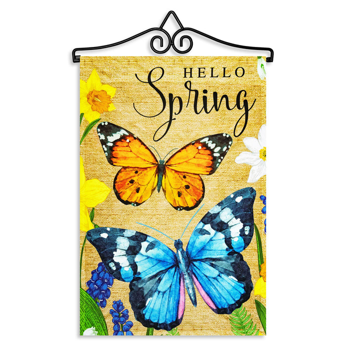 G128 Combo Pack Garden Flag Hanger 14IN & Garden Flag Hello Spring Butterflies Flowers 12x18IN Printed 150D Polyester