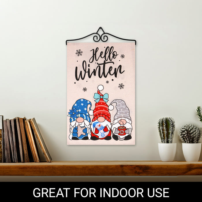 G128 Combo Pack Garden Flag Hanger 14IN & Garden Flag Hello Winter 3 Cozy Gnomes with Hot Chocolate 12x18IN Printed Double Sided Burlap Fabric