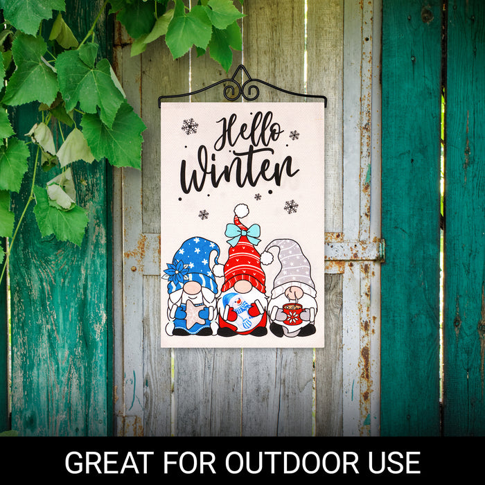 G128 Combo Pack Garden Flag Hanger 14IN & Garden Flag Hello Winter 3 Cozy Gnomes with Hot Chocolate 12x18IN Printed Double Sided Burlap Fabric