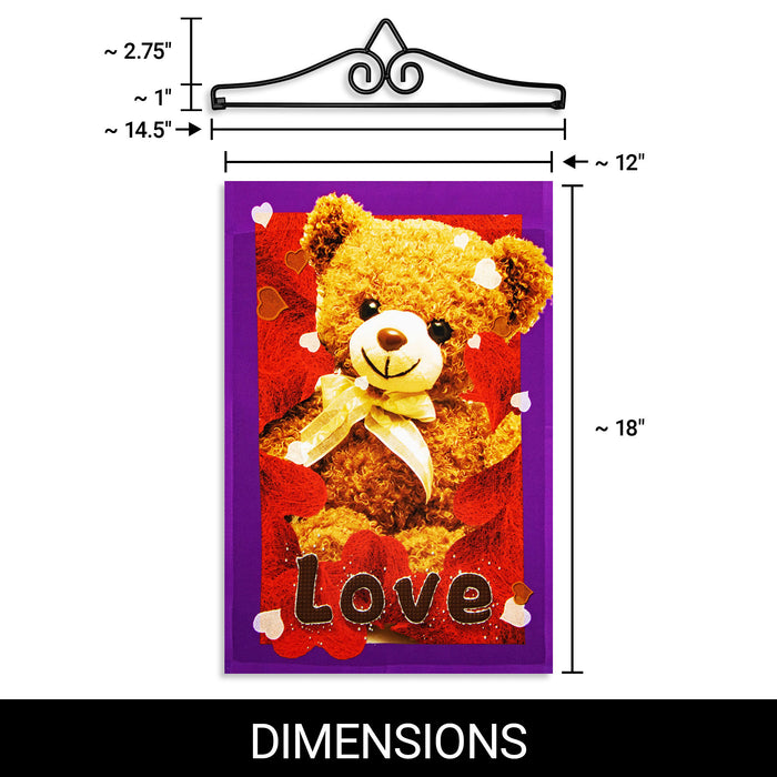 G128 Combo Pack Garden Flag Hanger 14IN & Garden Flag Love Toy Bear 12x18IN Printed 150D Polyester