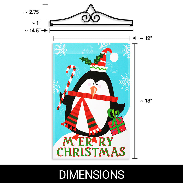 G128 Combo Pack Garden Flag Hanger 14IN & Garden Flag Merry Christmas Penguin with Candy Cane 12x18IN Printed 150D Polyester