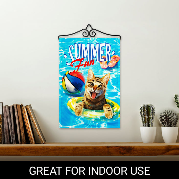 G128 Combo Pack Garden Flag Hanger 14IN & Garden Flag Summer Fun with Cat in Pool 12x18IN Printed 150D Polyester