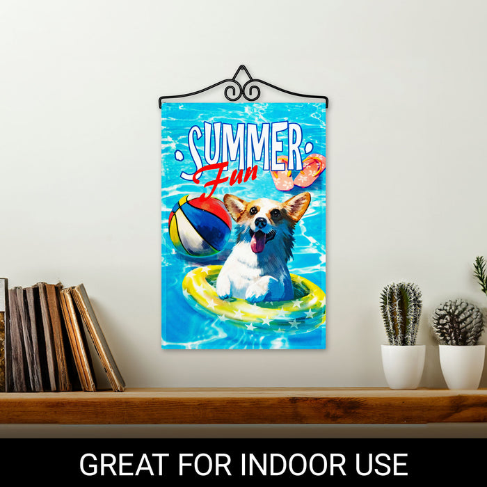 G128 Combo Pack Garden Flag Hanger 14IN & Garden Flag Summer Fun with Dog in Pool 12x18IN Printed 150D Polyester