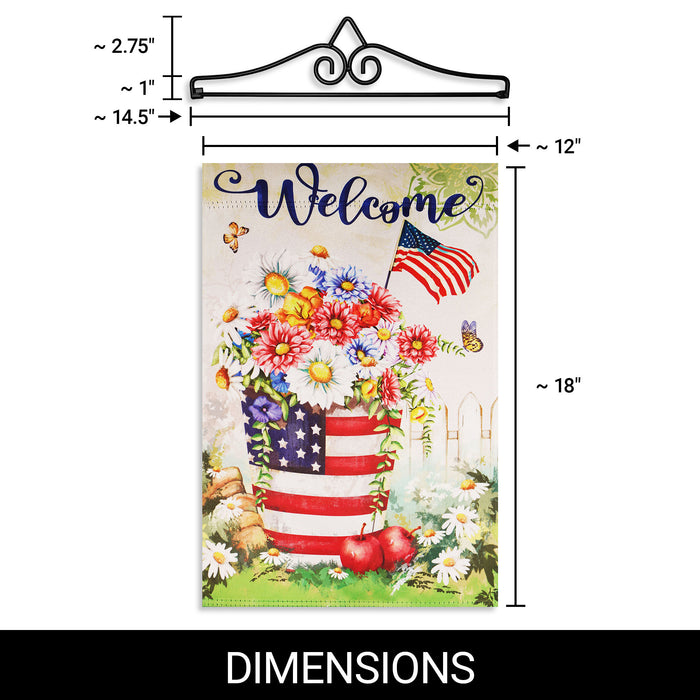 G128 Combo Pack Garden Flag Hanger 14IN & Garden Flag Garden Spring Bloom USA Flower Pot with Butterflies 12x18IN Printed 150D Polyester