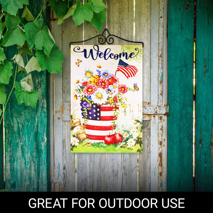 G128 Combo Pack Garden Flag Hanger 14IN & Garden Flag Garden Spring Bloom USA Flower Pot with Butterflies 12x18IN Printed 150D Polyester