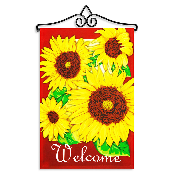 G128 Combo Pack Garden Flag Hanger 14IN & Garden Flag Welcome 4 Sunflowers Red BG 12x18IN Printed 150D Polyester